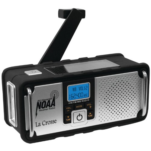 La Crosse Technology 810-106 NOAA/AM/FM Severe Weather Alert Radio with solar panel or hand crank recharging power, USA-made IC chip for High Quality Digital reception, mobile device charging port, rugged design with non-slip rubberized black finish and high intensity LED flashlight